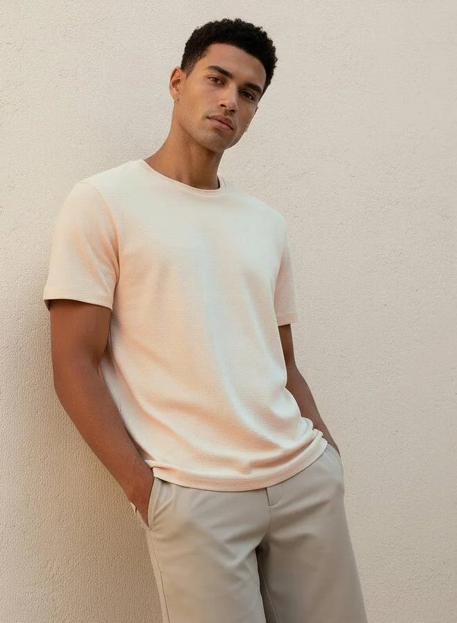 Iconic Men Slim Fit Crew Neck Short Sleeves Popcorn Textured T-shirt